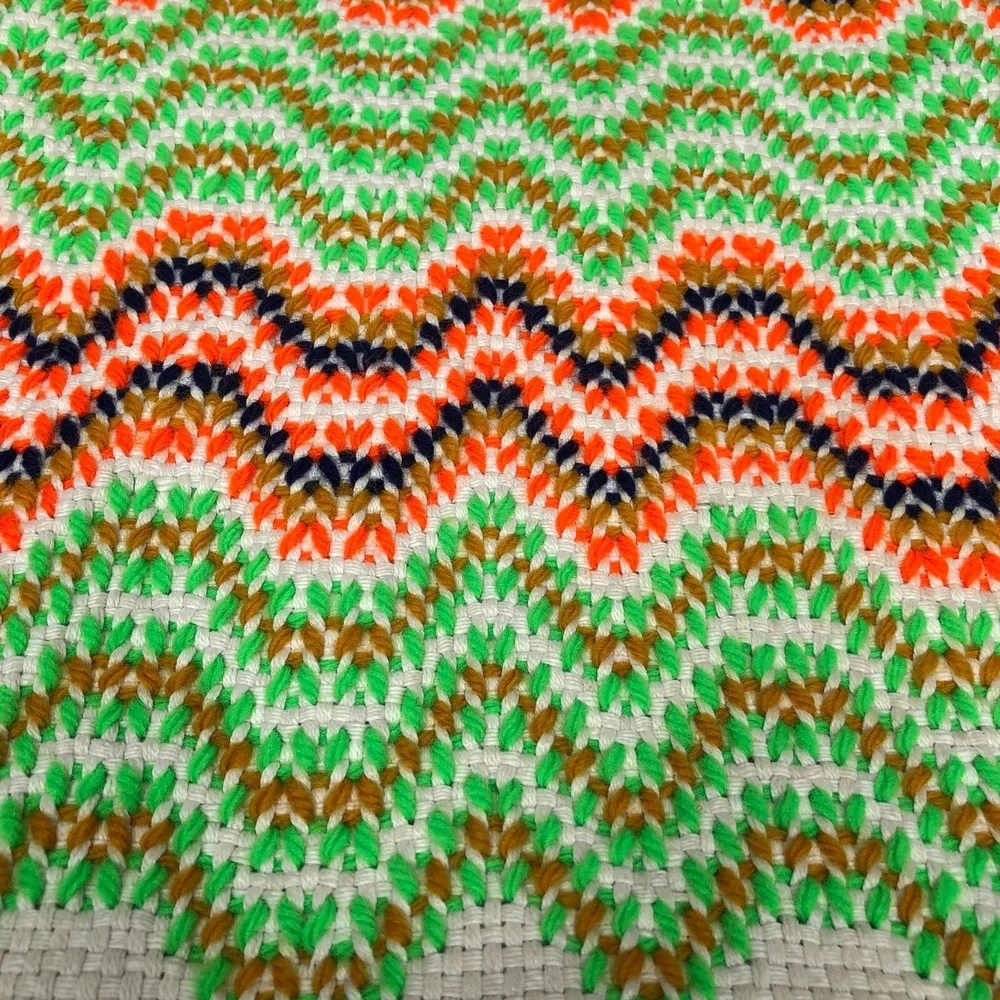 Vtg Zig Zag Knit Handmade Sofa Lap Throw Orange Green 46